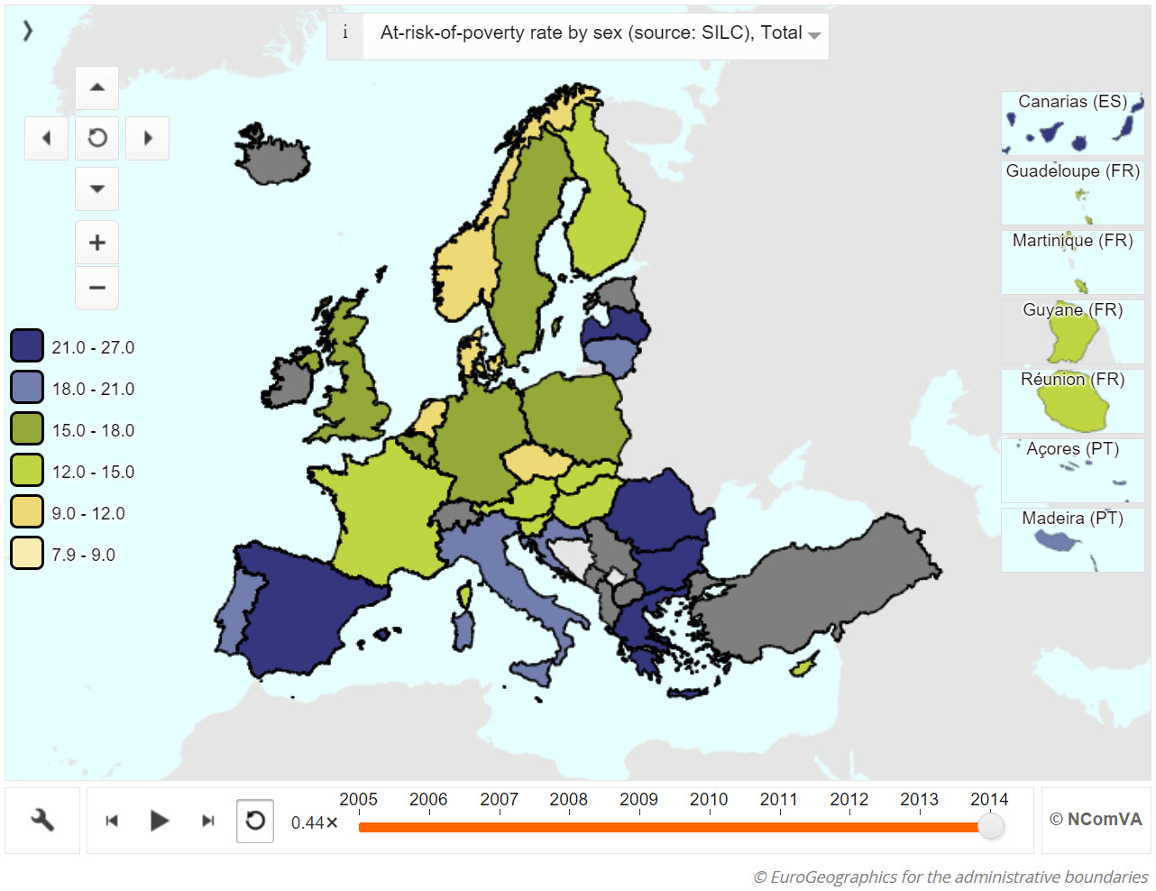 At-risk-of-povery rate by sex (SILC, Total, 2014)