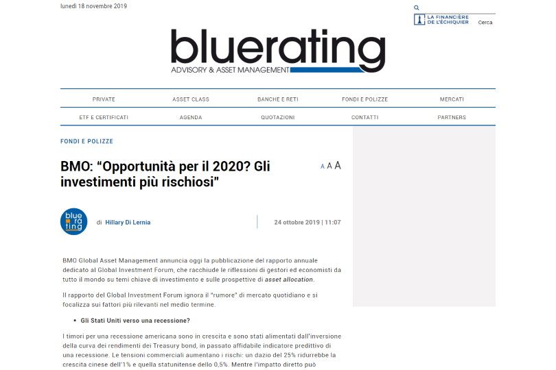 BMO: "Opportunità per il 2020? Gli investimenti più rischiosi"